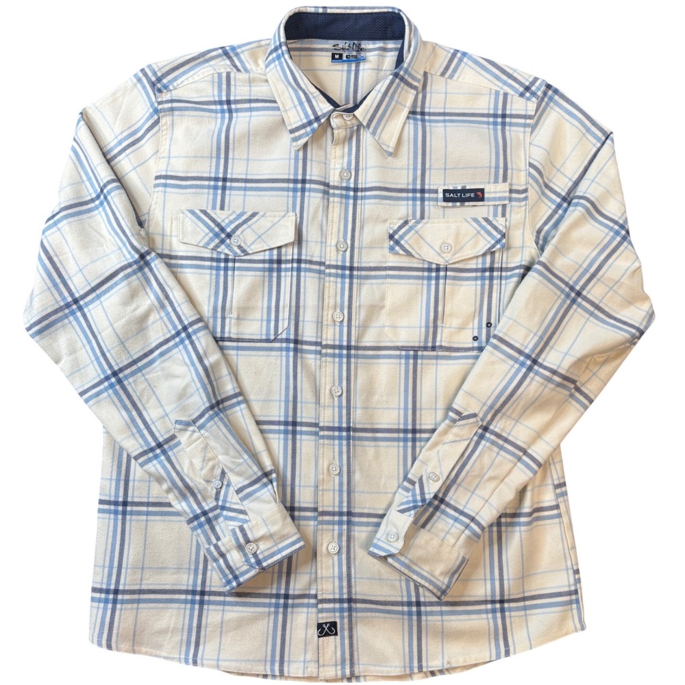Salt Life SLX Mens M Plaid Button Down Performance Shirt Blue Cream Long Sleeve